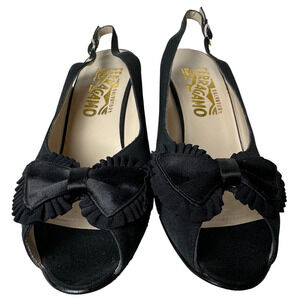 Salvatore Ferragamo Vintage Ruffle Bow Black Fabric Peep Toe Slingback Heels